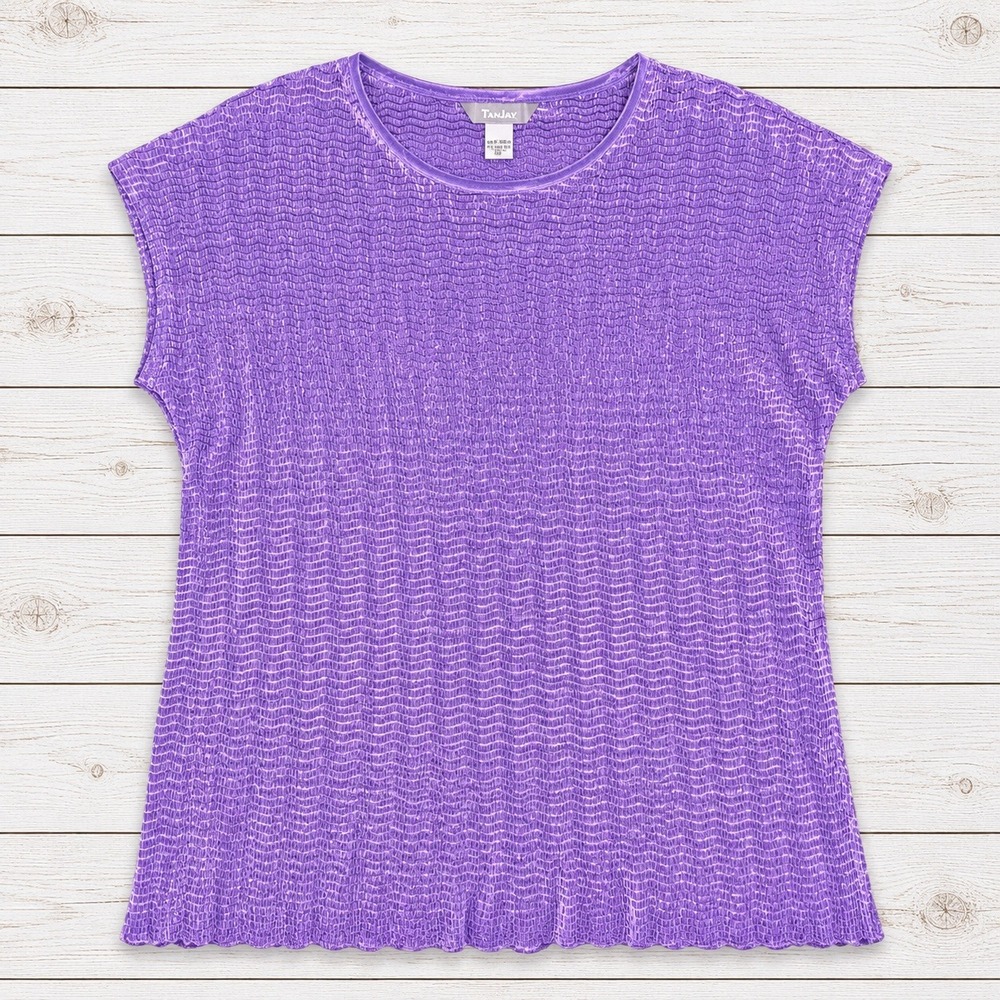 Tanjay Top Purple Textured Pleated Popcorn Stretch Short Sleeve Plus Size 2X